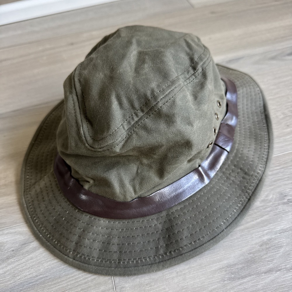 Vintage Filson Tin Cloth Packer Olive Green Hat Waxed Cotton‎ Canvas Made In USA